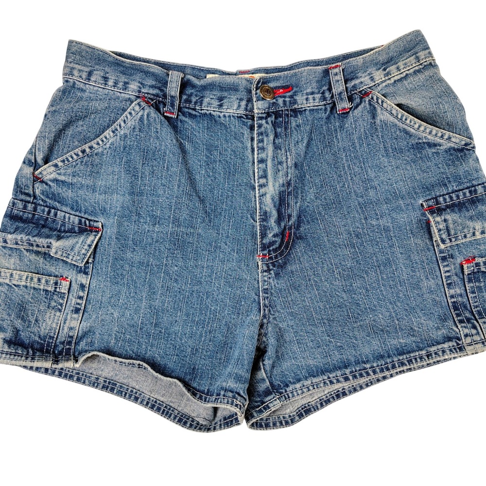 Original Threads Women Denim Cargo Shorts Med Wash Red Contrast Stitch Size 9/10